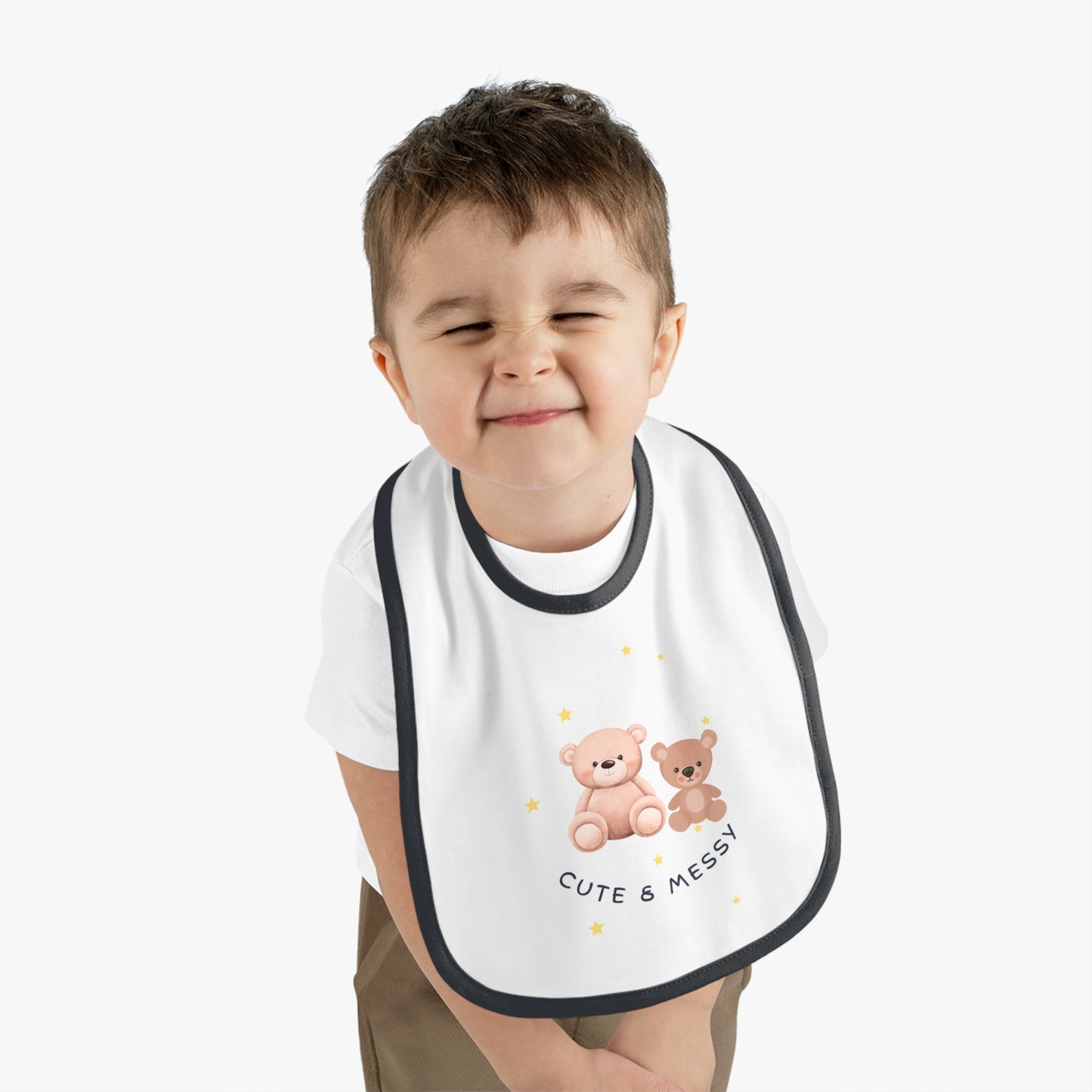 "Bear Hugs & Messy Smiles Adorable Contrast Trim Jersey Bibs for Your Little One's Cute and Playful Adventures!"